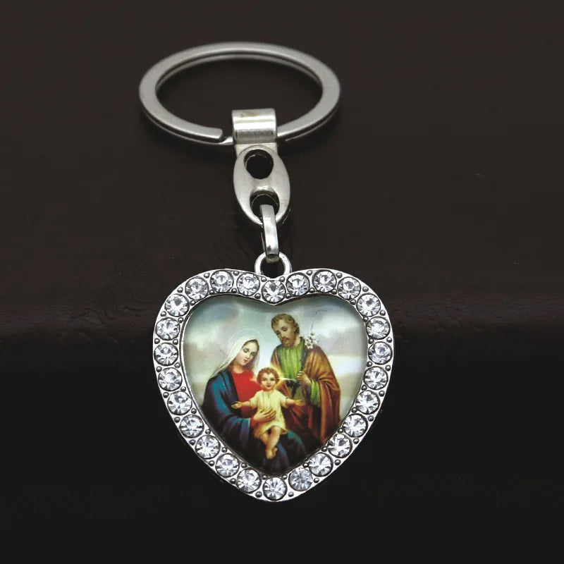 Crystal Heart Cross Jesus Keychain