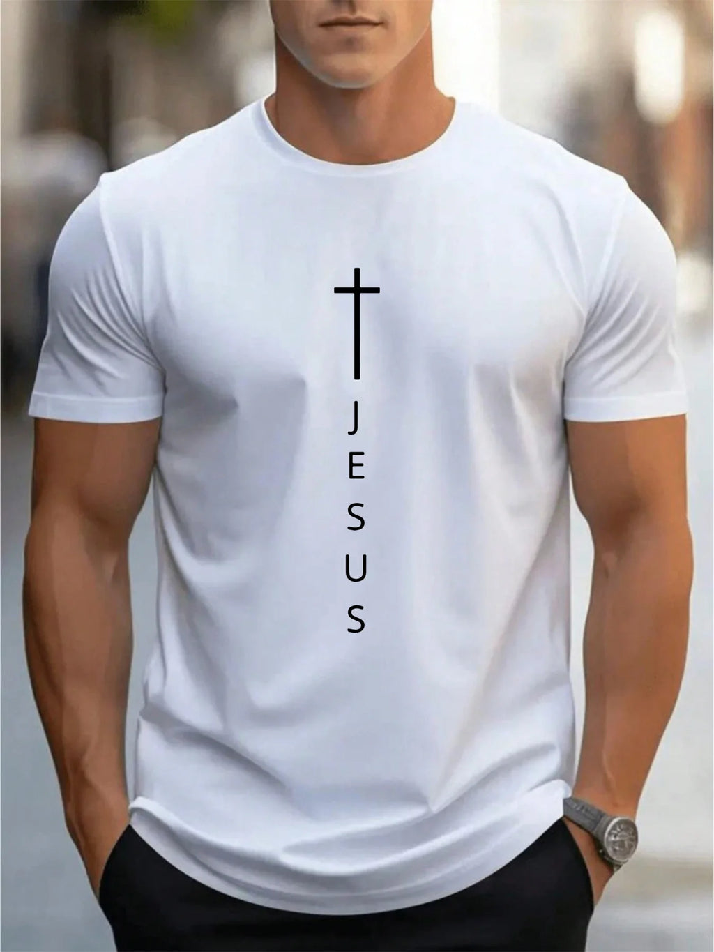 Men's Cross and Jesus Letter Printed Sports  T-shirt