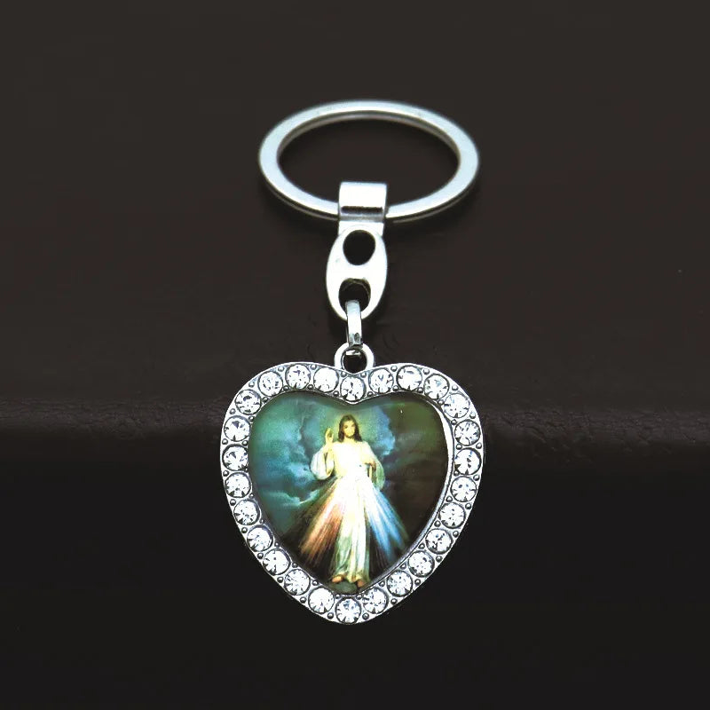 Crystal Heart Cross Jesus Keychain