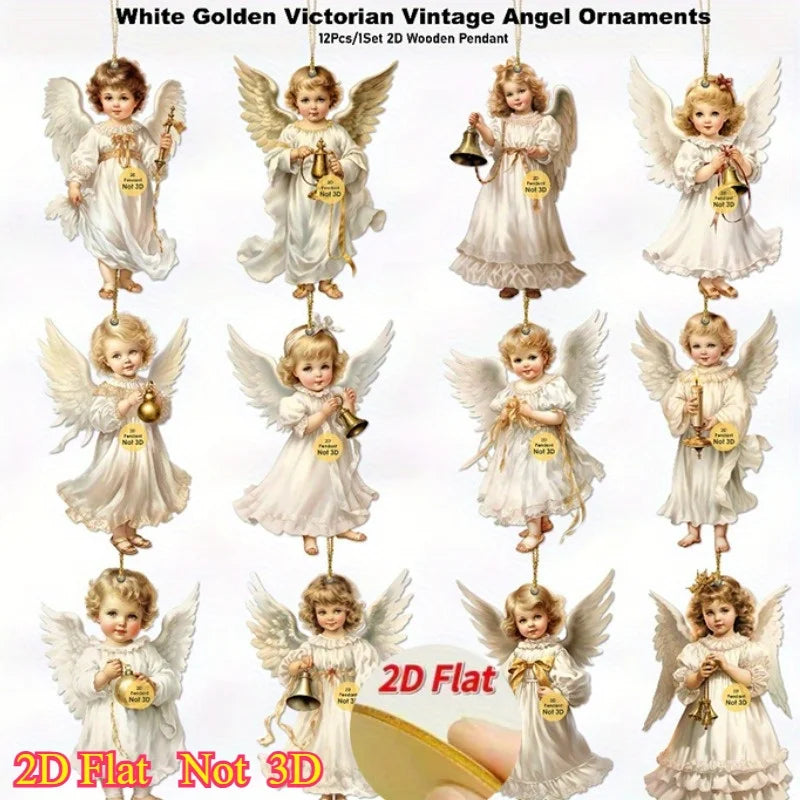 12pcs Christmas Angel Wooden Pendants