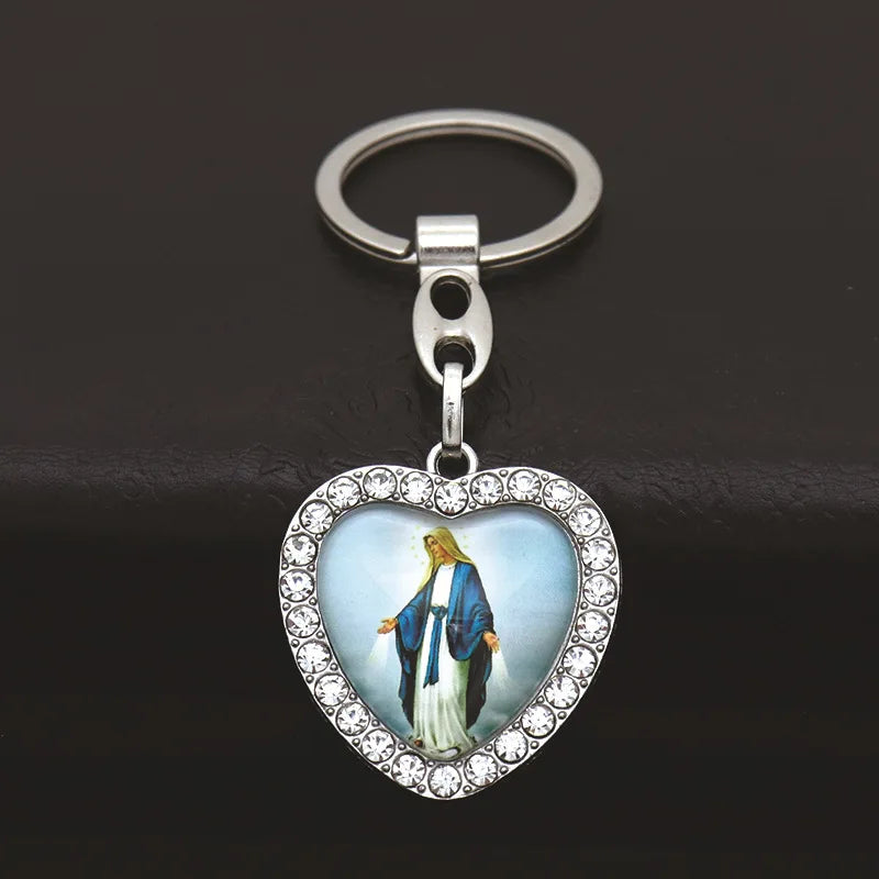 Crystal Heart Cross Jesus Keychain