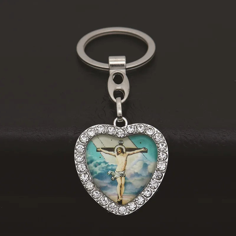 Crystal Heart Cross Jesus Keychain