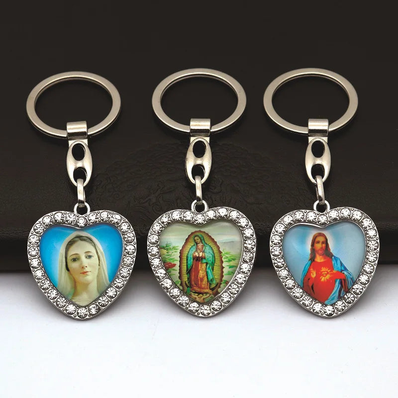 Crystal Heart Cross Jesus Keychain