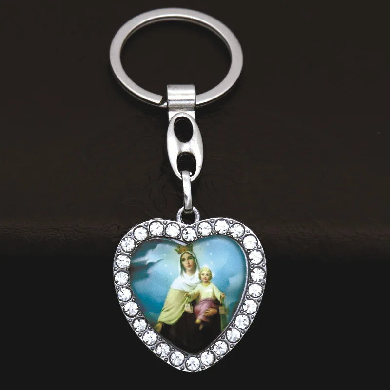 Crystal Heart Cross Jesus Keychain