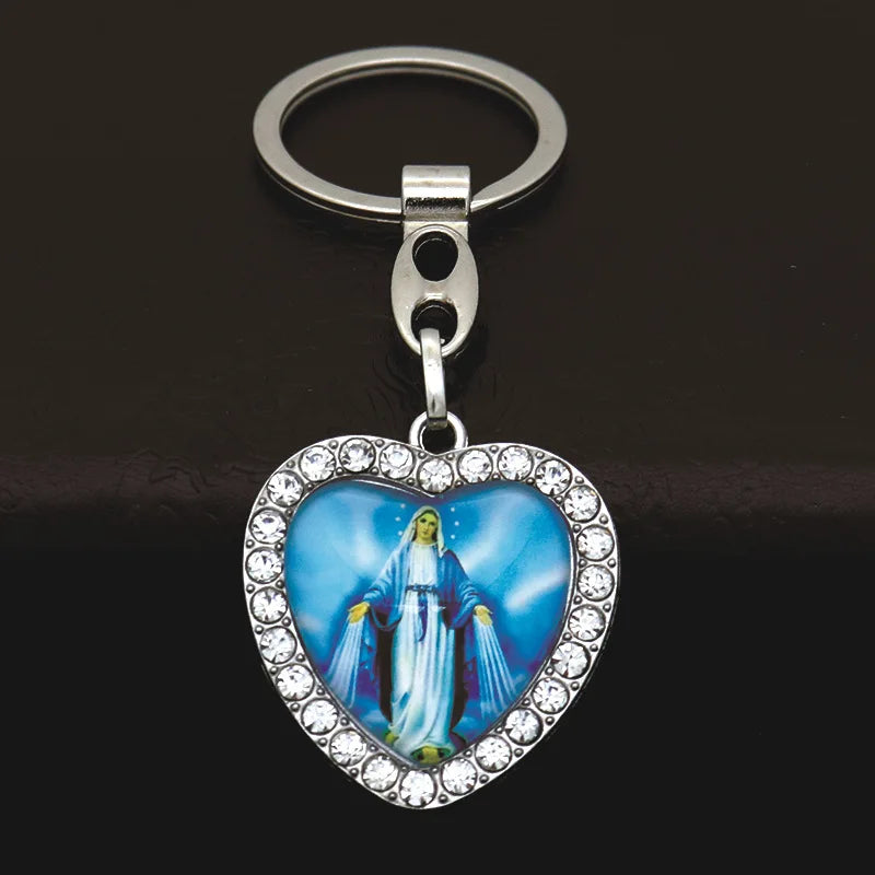 Crystal Heart Cross Jesus Keychain
