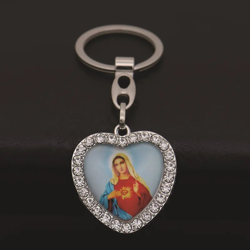 Crystal Heart Cross Jesus Keychain