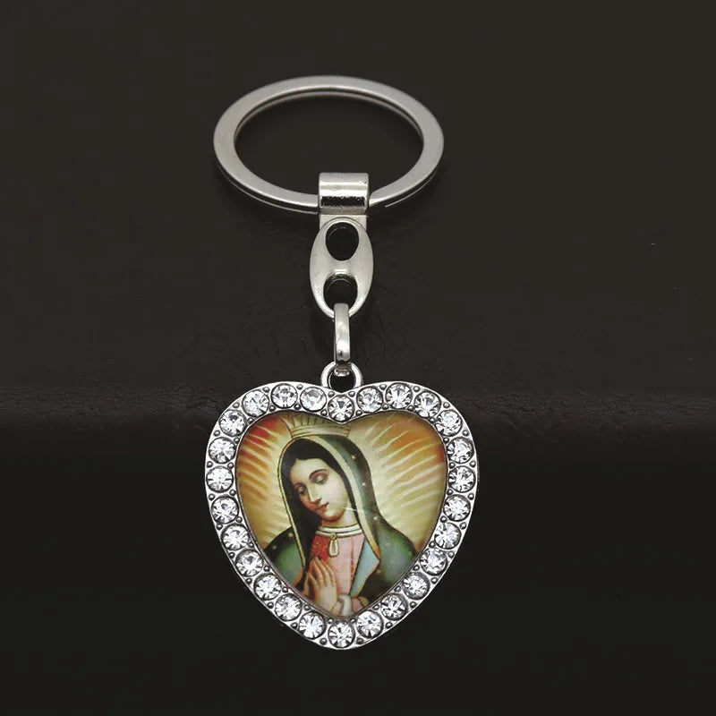 Crystal Heart Cross Jesus Keychain