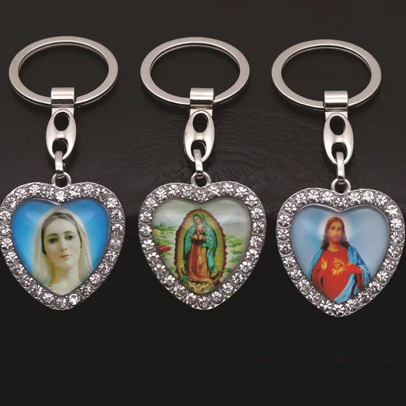 Crystal Heart Cross Jesus Keychain
