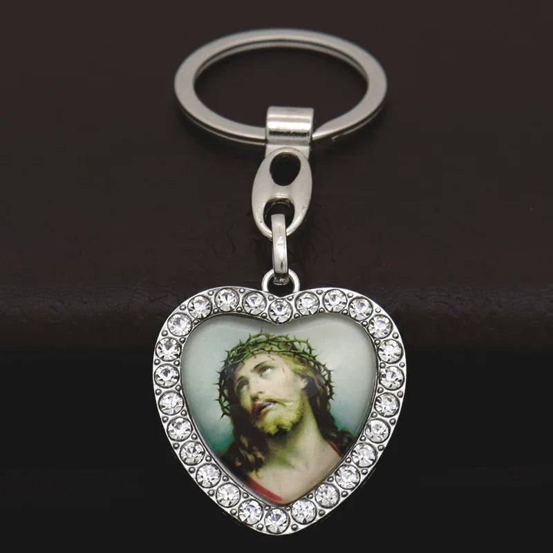 Crystal Heart Cross Jesus Keychain
