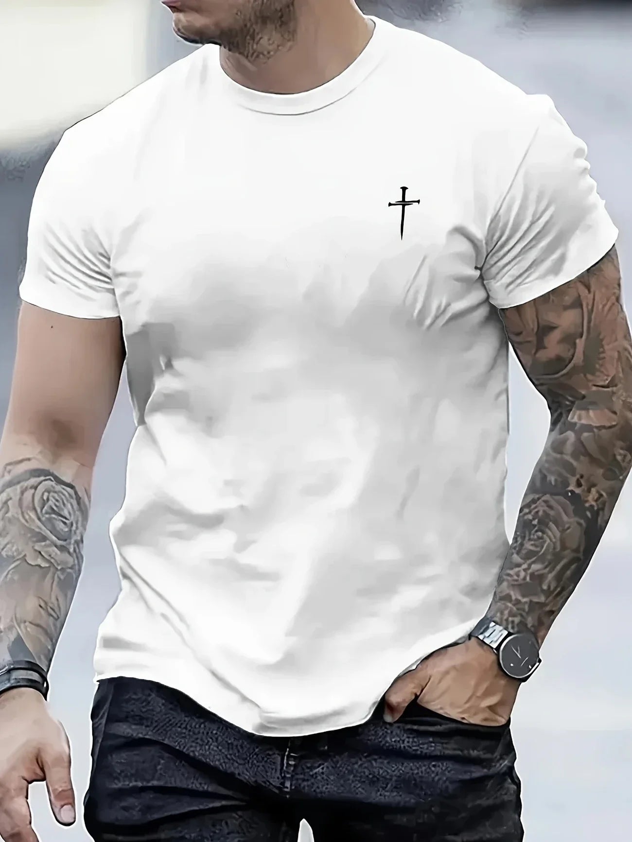 Men's casual round neck T-shirt with cross
