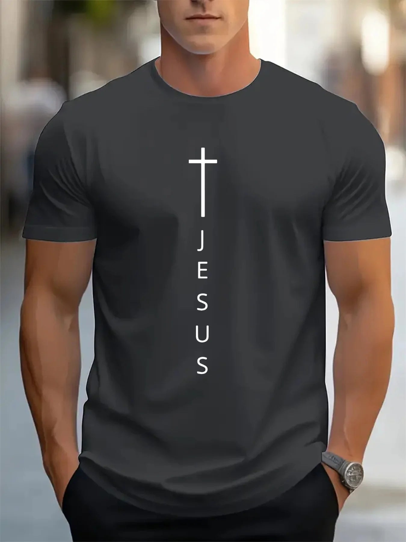 Men's Cross and Jesus Letter Printed Sports  T-shirt