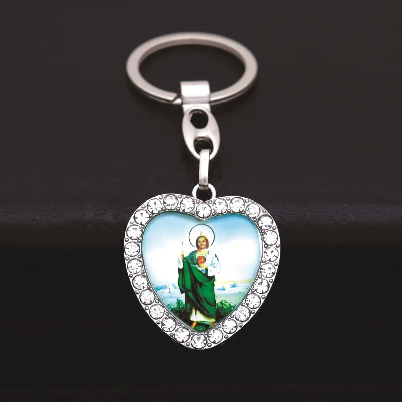 Crystal Heart Cross Jesus Keychain