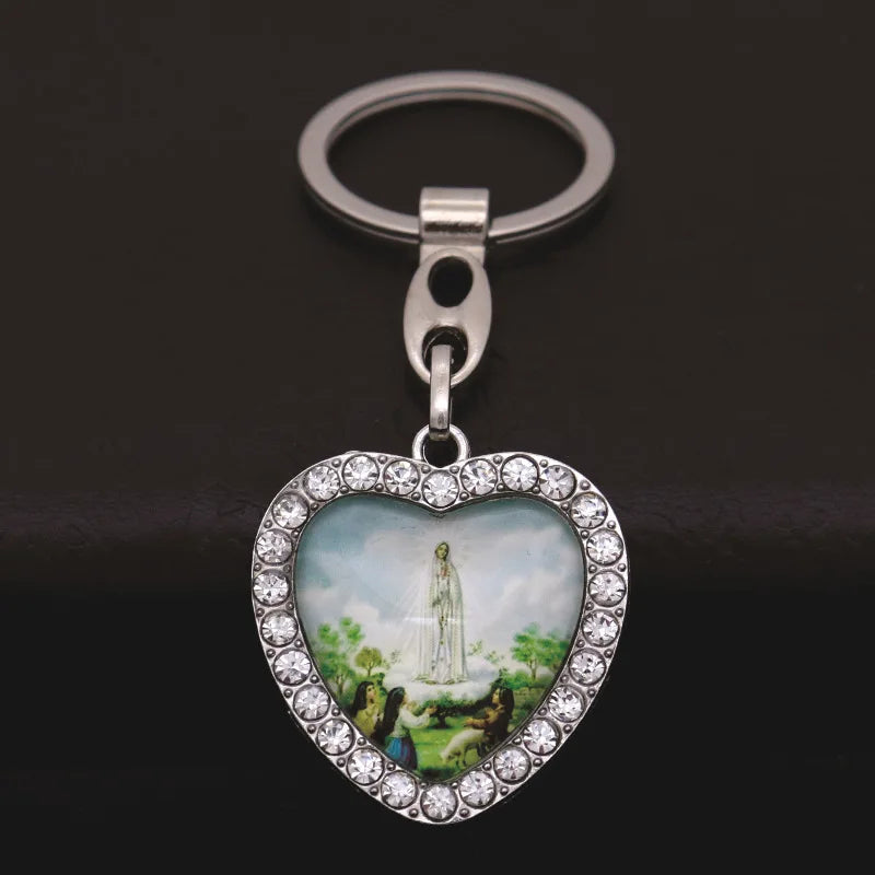 Crystal Heart Cross Jesus Keychain