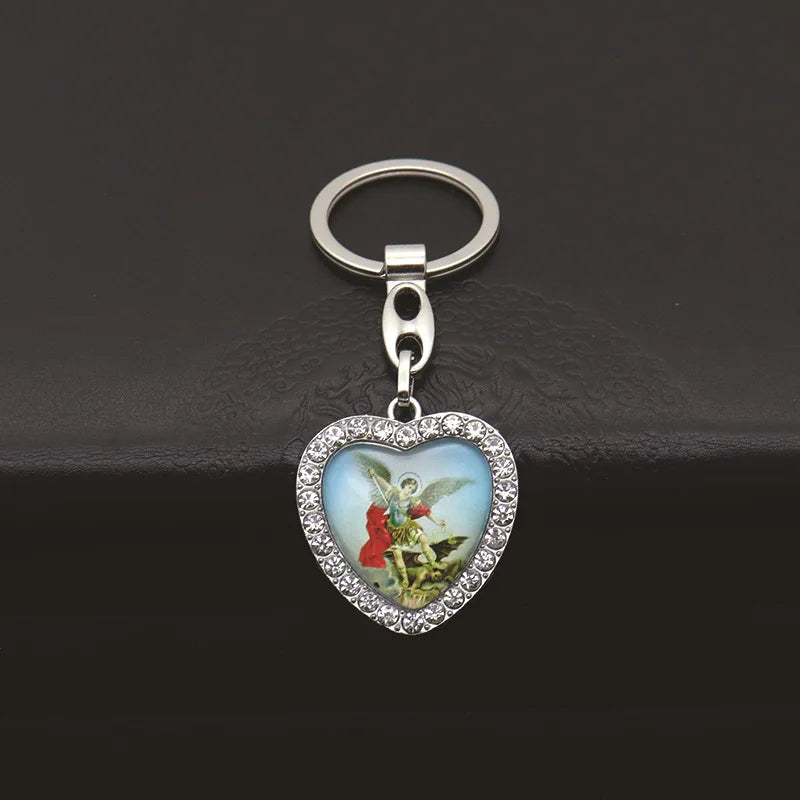 Crystal Heart Cross Jesus Keychain