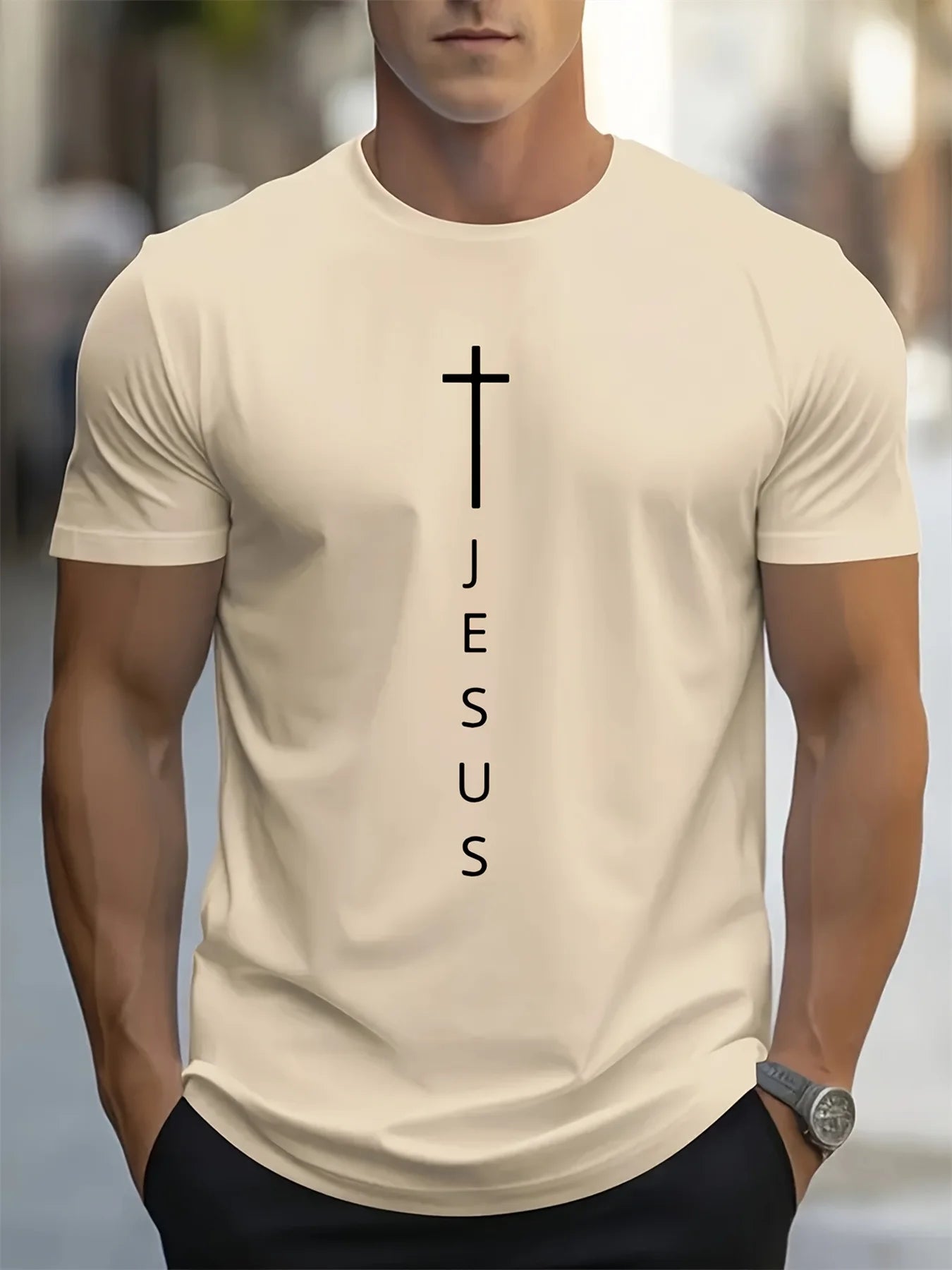Men's Cross and Jesus Letter Printed Sports  T-shirt