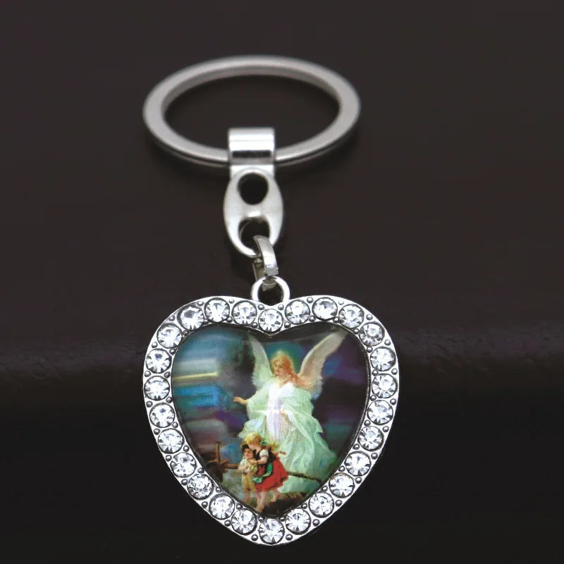 Crystal Heart Cross Jesus Keychain