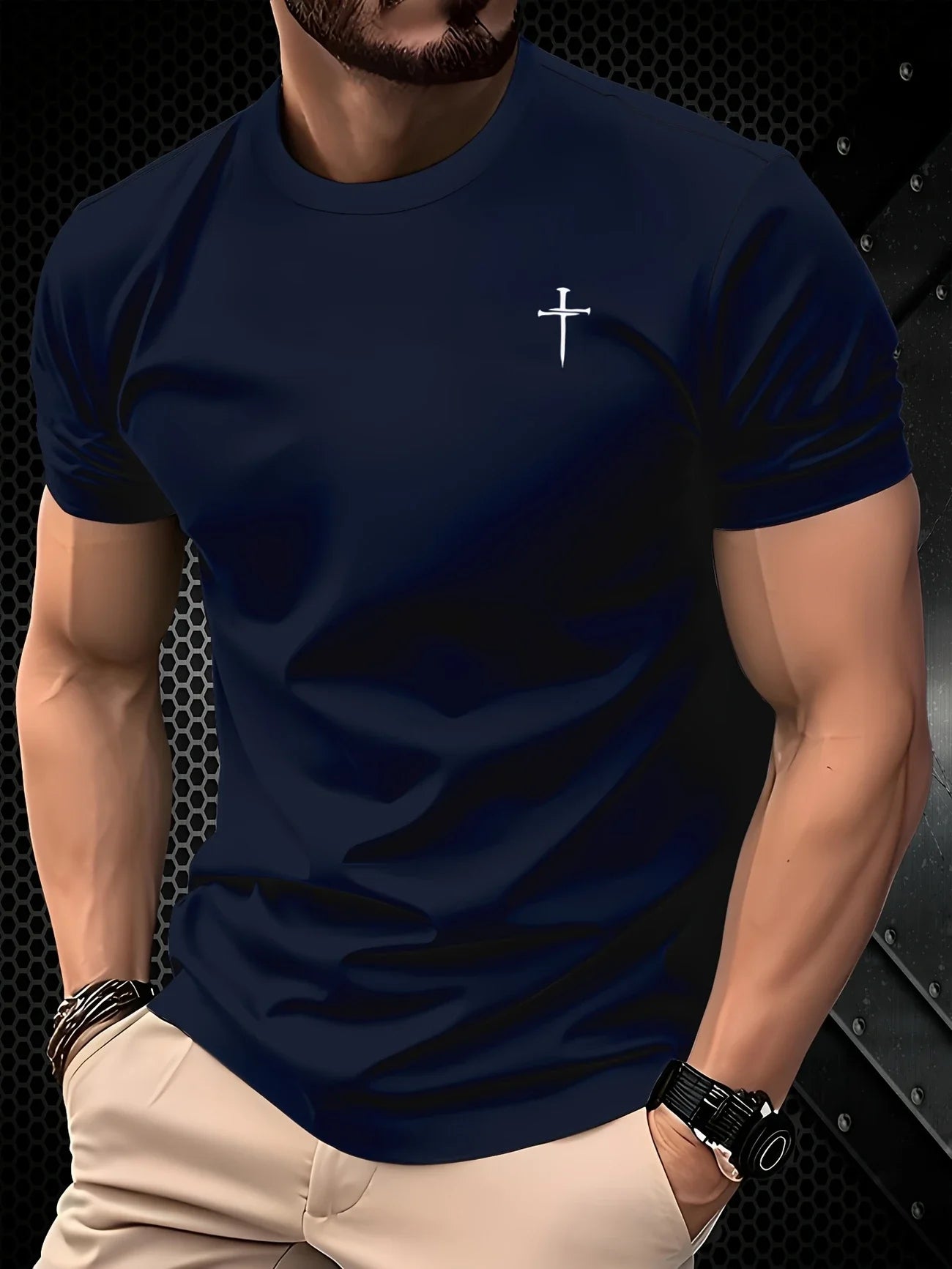 Men's casual round neck T-shirt with cross