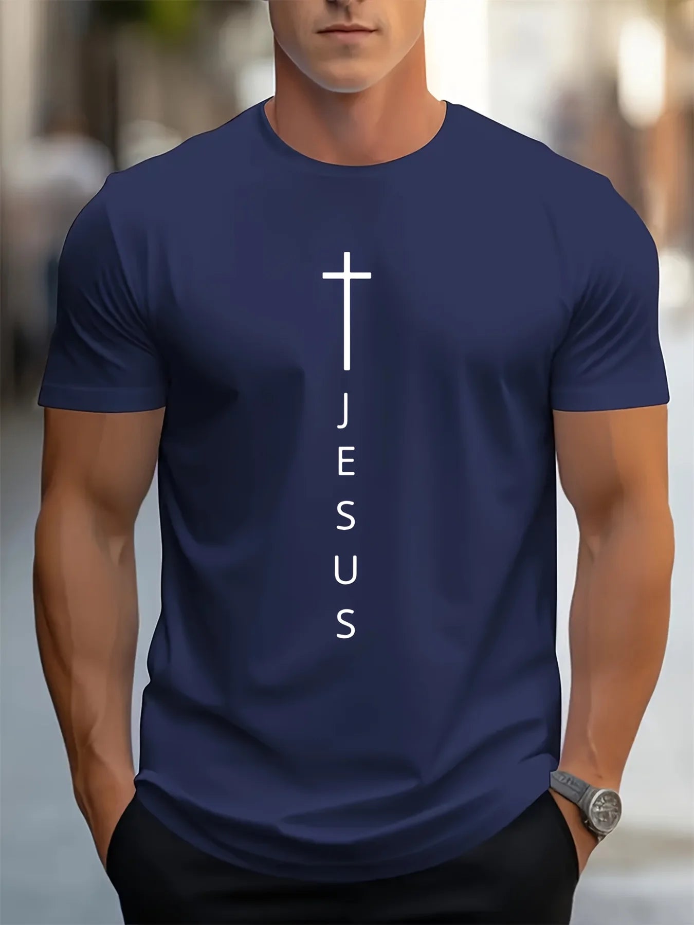 Men's Cross and Jesus Letter Printed Sports  T-shirt