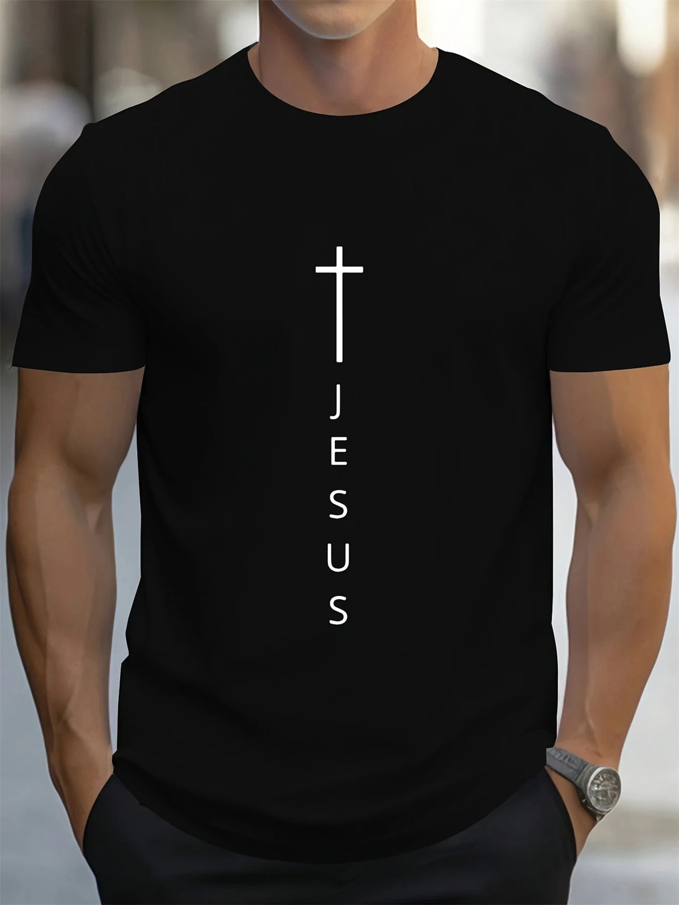 Men's Cross and Jesus Letter Printed Sports  T-shirt