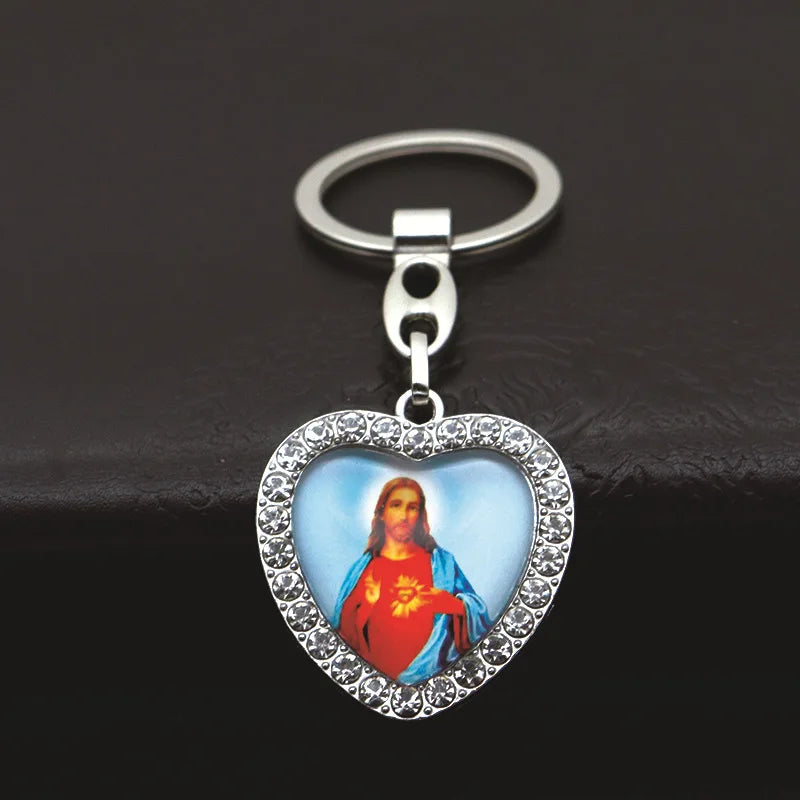 Crystal Heart Cross Jesus Keychain